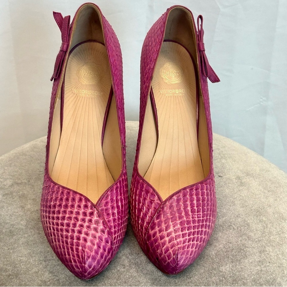 Viktor & Rolf pink snake print embossed bow stiletto high heels Sz 39 - Picture 4 of 10